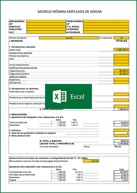 Modelo nómina empleada de hogar Excel