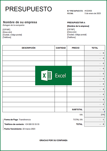 Plantilla de presupuesto en Excel con líneas